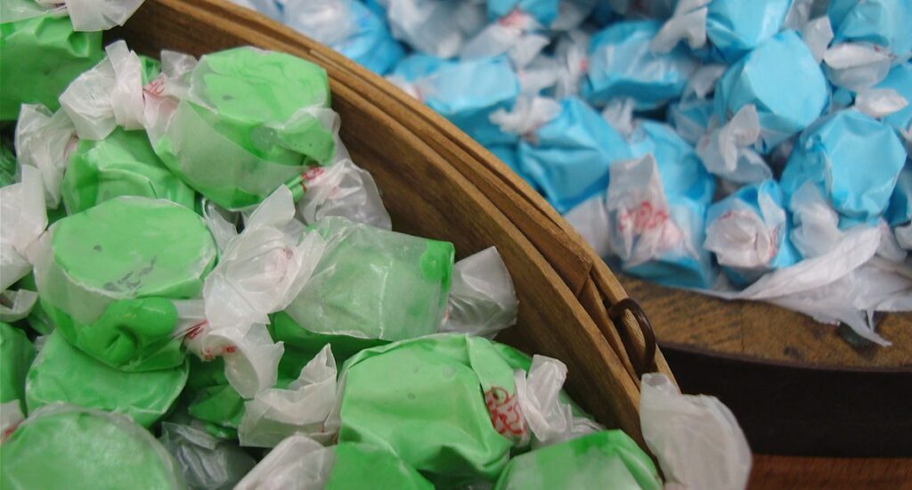 wrapped green and blue salt water taffy