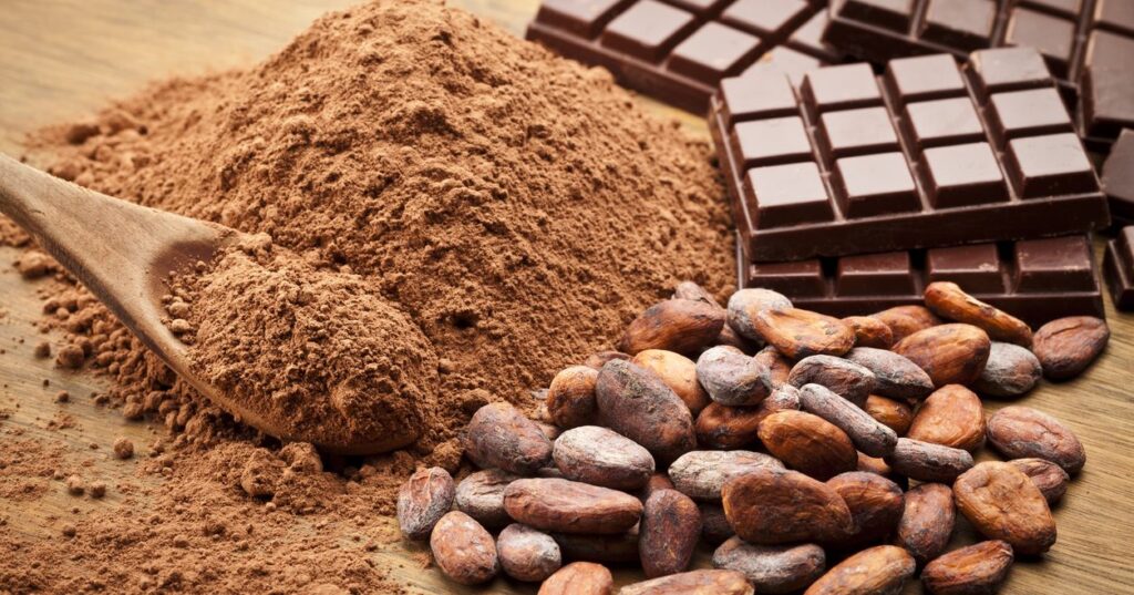 chocolate history: cocoa powder, cacao pods, chocolate bars
