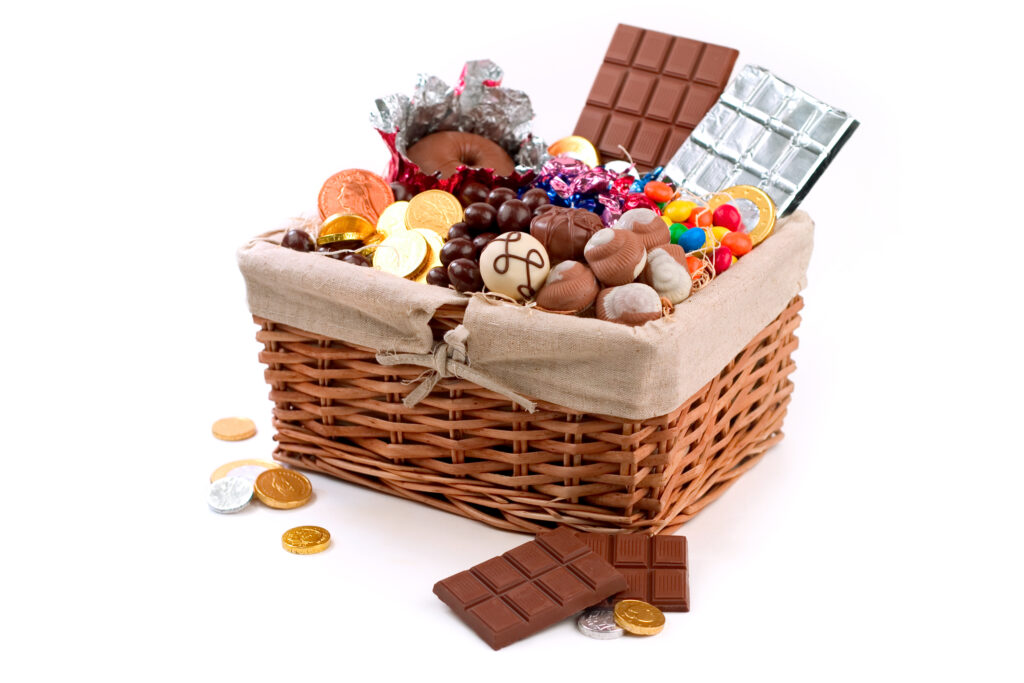 gift basket of chocolates and candy