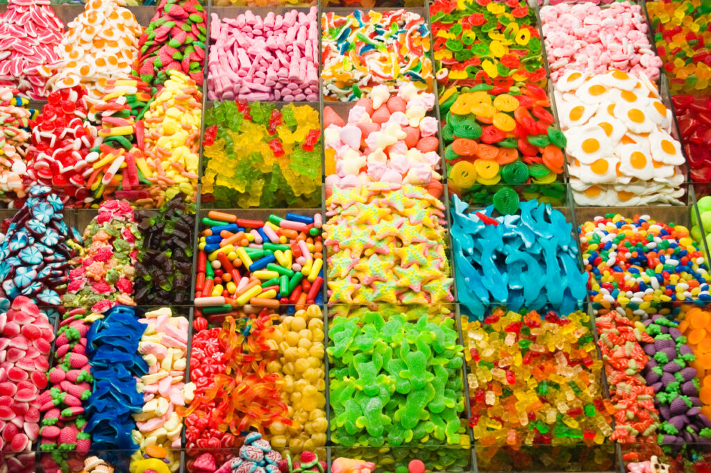summertime sweets - bins of tangy gummy candy