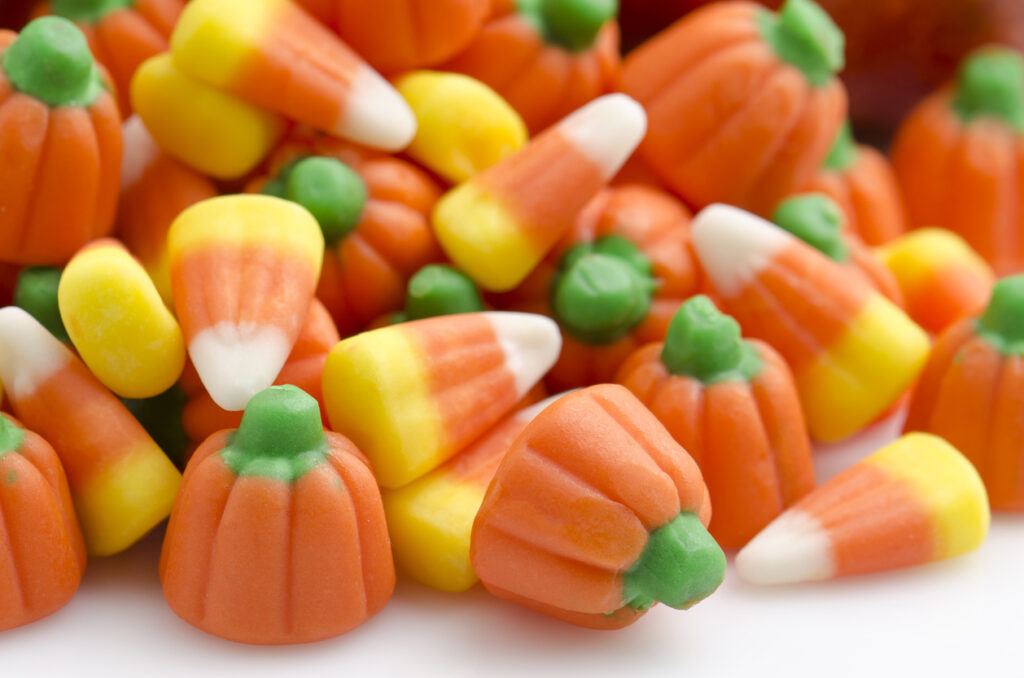 Close-up of candy corn and mellocreme pumpkins