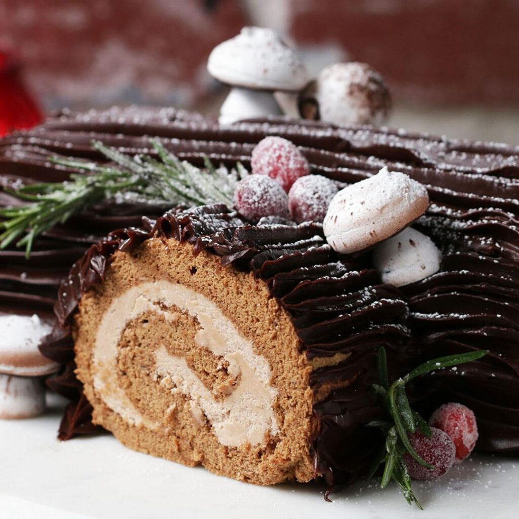 close-up of Buche de Noel cake