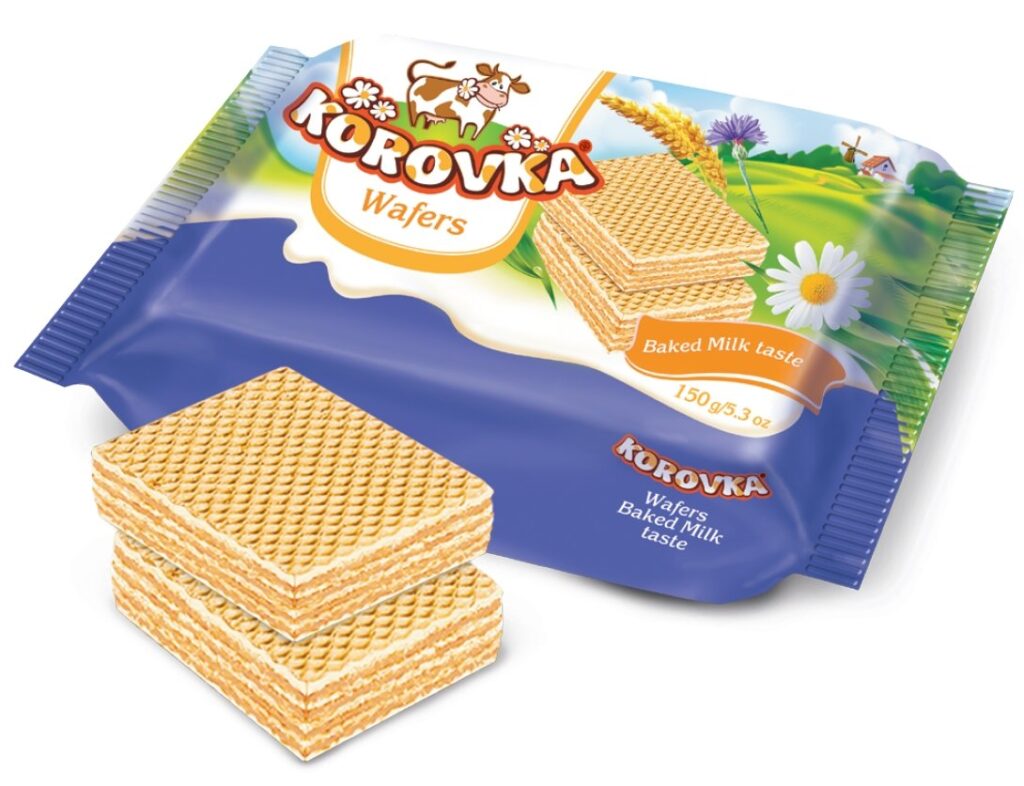 packaged and unwrapped Korovka wafer cookies (Russian Christmas culinary tradition)
