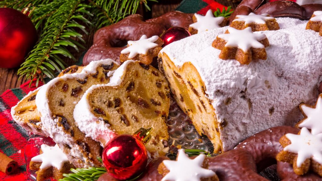 sliced loaf of Christstollen (German culinary Christmas tradition)